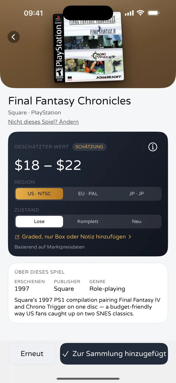 RetroWorth-Ergebnisbildschirm mit Final Fantasy Chronicles für PlayStation, einem geschätzten Wert von $18 bis $22 sowie Auswahl für Region und Zustand