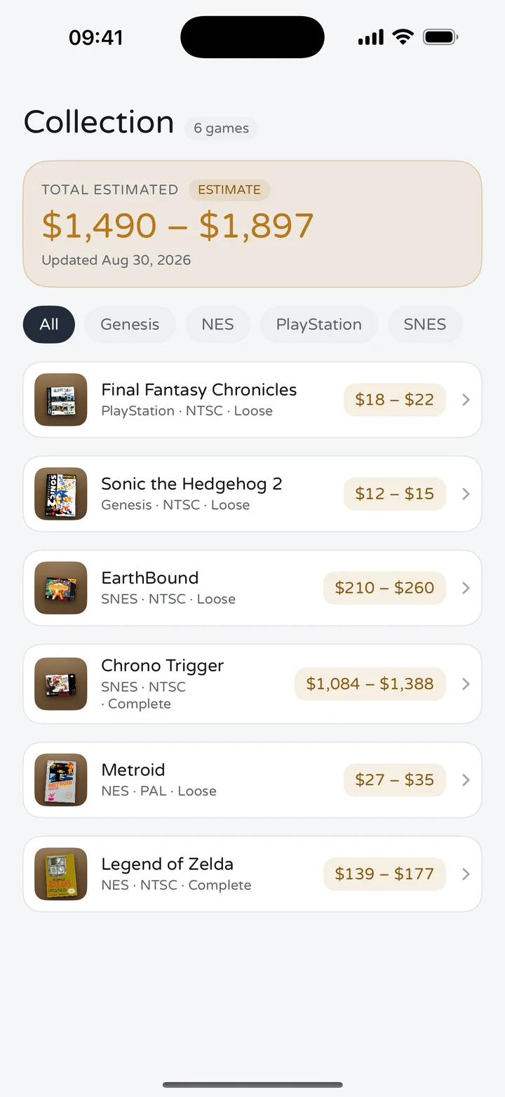 RetroWorth collection screen listing six games with a total estimated value of $1,490 to $1,897