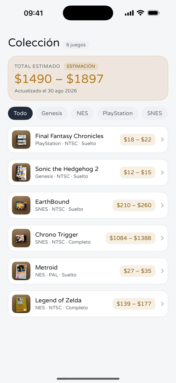 Pantalla de colección de RetroWorth con seis juegos y un valor estimado total de $1,490 a $1,897