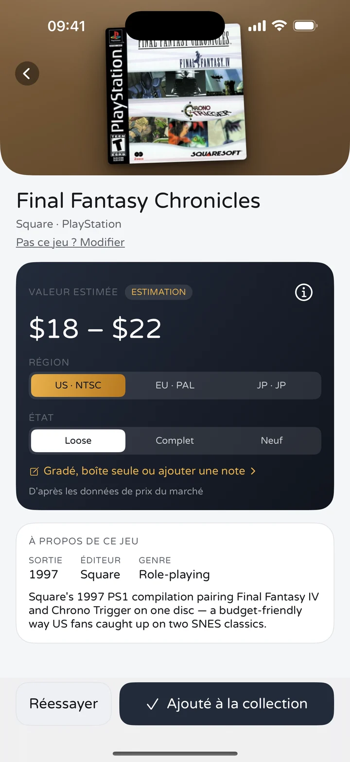 Écran de résultat RetroWorth montrant Final Fantasy Chronicles sur PlayStation avec une valeur estimée de $18 à $22, et les sélecteurs de région et d'état