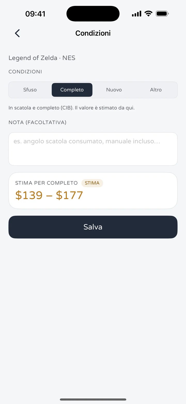 Schermata delle condizioni di RetroWorth per The Legend of Zelda su NES con le opzioni Sfuso, Completo, Nuovo e Altro e una stima da $139 a $177 per Completo