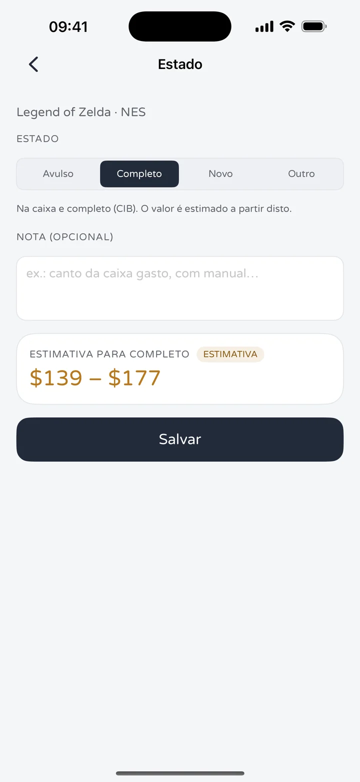 Tela de estado do RetroWorth para The Legend of Zelda no NES com as opções Avulso, Completo, Novo e Outro e uma estimativa de $139 a $177 para Completo