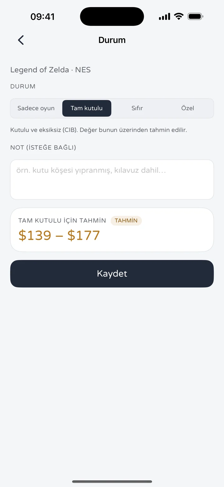 NES için The Legend of Zelda'nın RetroWorth durum ekranı: Sadece oyun, Tam kutulu, Sıfır ve Özel seçenekleri, Tam kutulu için $139 – $177 tahmin